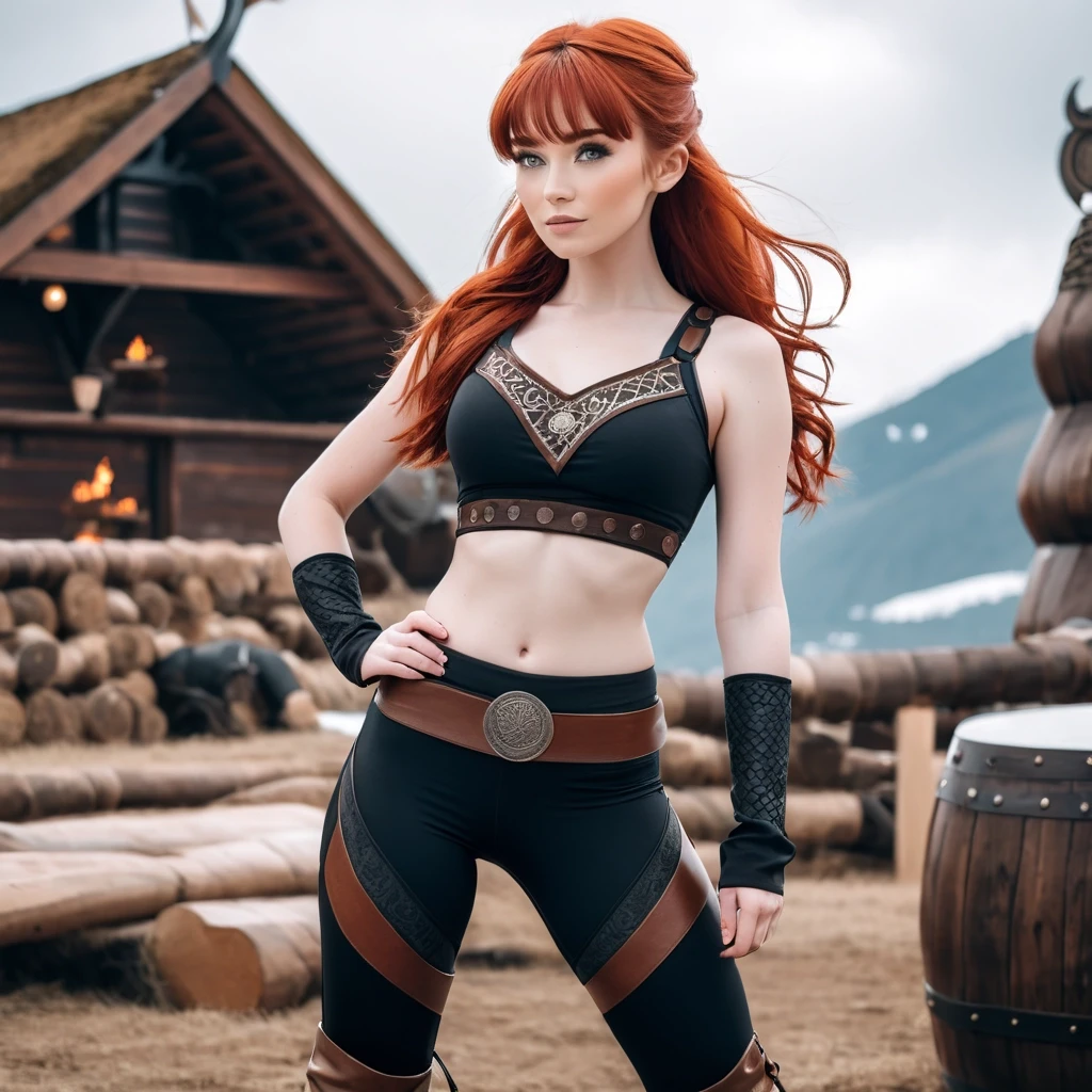 red-haired girl in black leggings and brown boots wearing a Viking bra — работа пользователя Секретный Кентавр