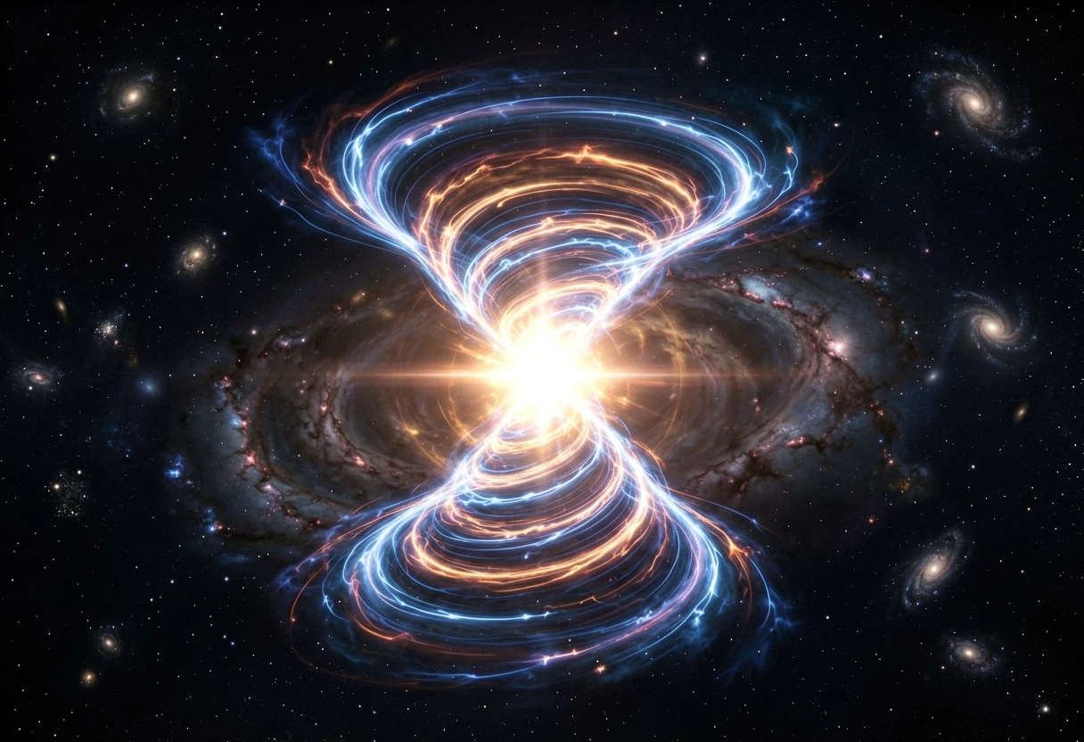"A massive galactic quantum spiral shaped like an hourglass, consisting of two gigantic rotating energy funnels that taper and meet at the exact center. A blinding quantum…