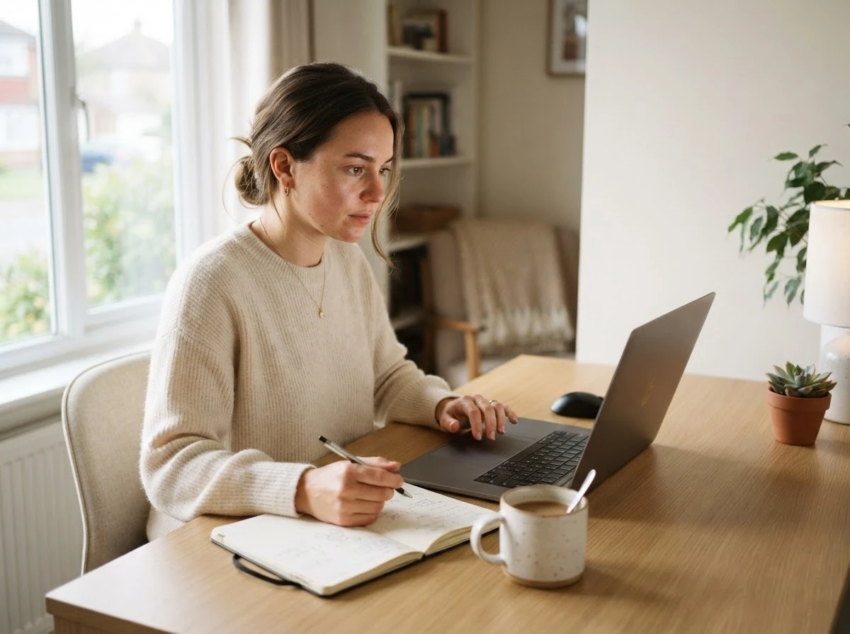 Photorealistic commercial stock photograph of a young professional woman working remotely in a bright minimalist home office, sitting at a laptop beside a notebook and coffee…