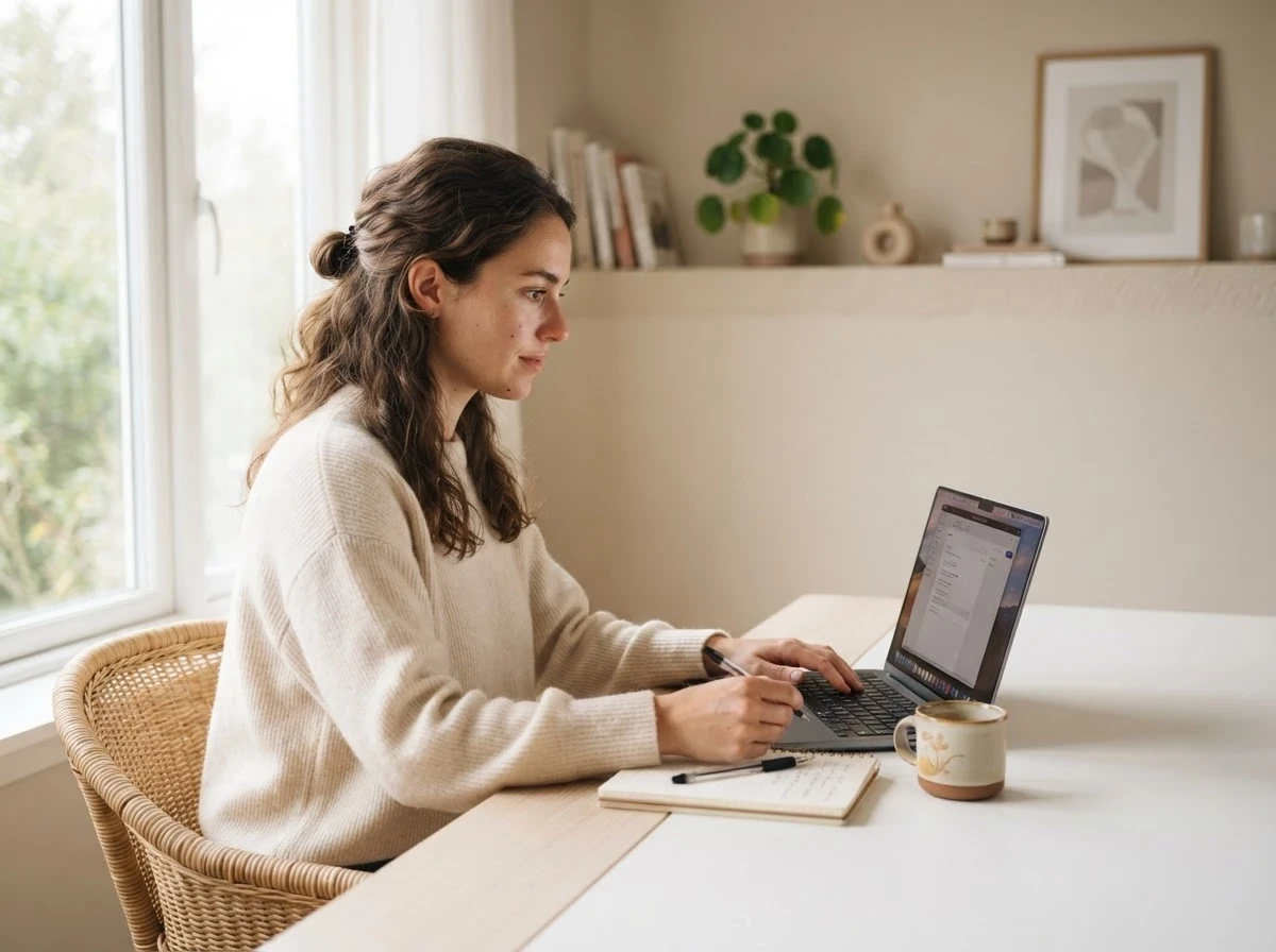 Photorealistic commercial stock photograph of a young professional woman working remotely in a bright minimalist home office, sitting at a laptop beside a notebook and coffee…