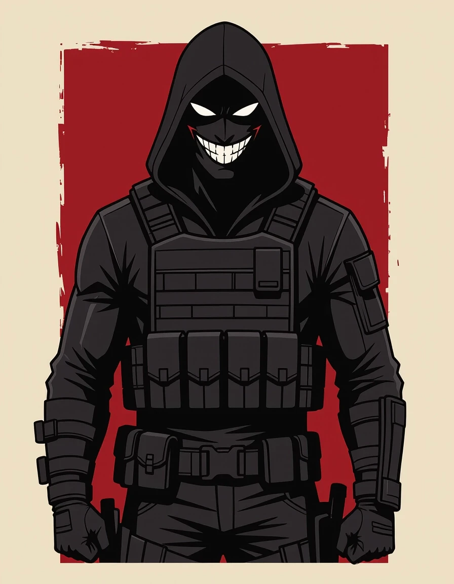 Graphic comic book art, flat colors, bold outlines. A solid black silhouette of a tall, broad-shouldered hooded man in a tactical vest, standing against a solid blood-burgundy…