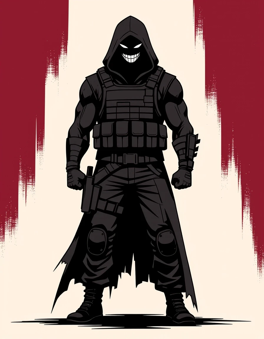 Graphic comic book art, flat colors, bold outlines. A solid black silhouette of a tall, broad-shouldered hooded man in a tactical vest, standing against a solid blood-burgundy…