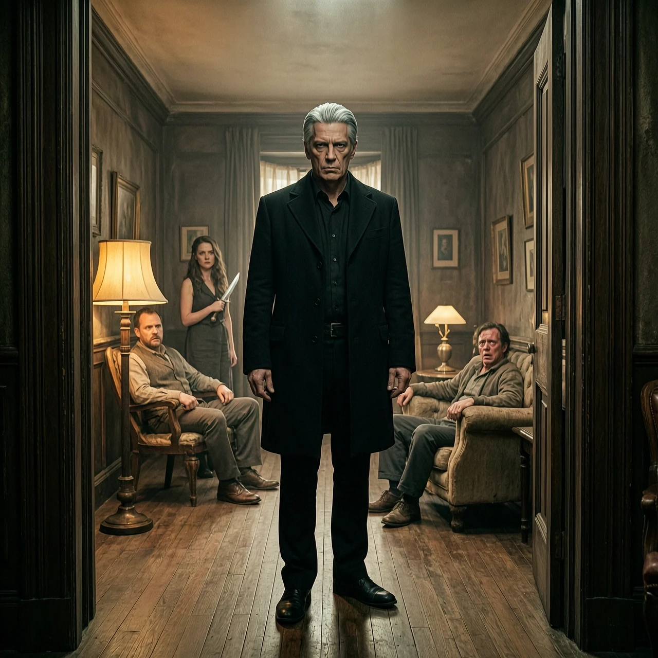 Wide-angle cinematic shot inside a dimly-lit bar room. In the doorway, a tall man with silver hair and a black coat fills the frame — his presence dominates the space, making…