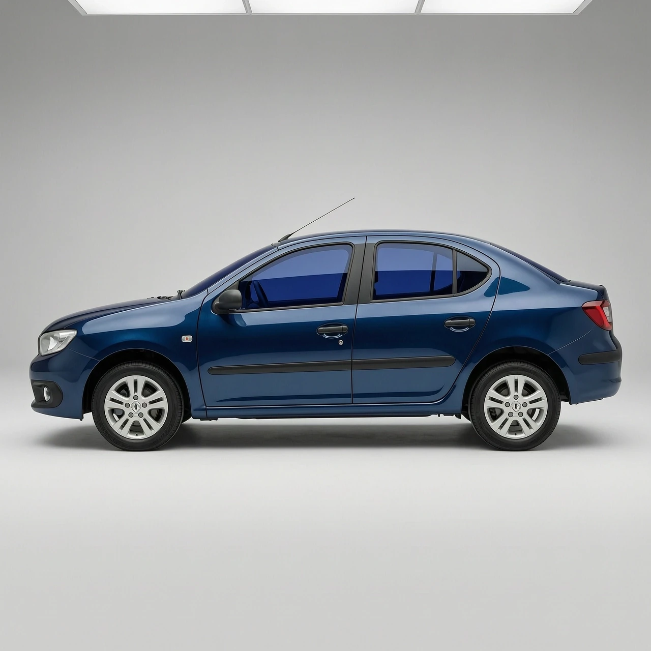 Renault Logan 1 sedan, deep blue metallic paint, dark blue tinted windows, studio lighting, side view, clean background, photorealistic, high detail — работа пользователя…