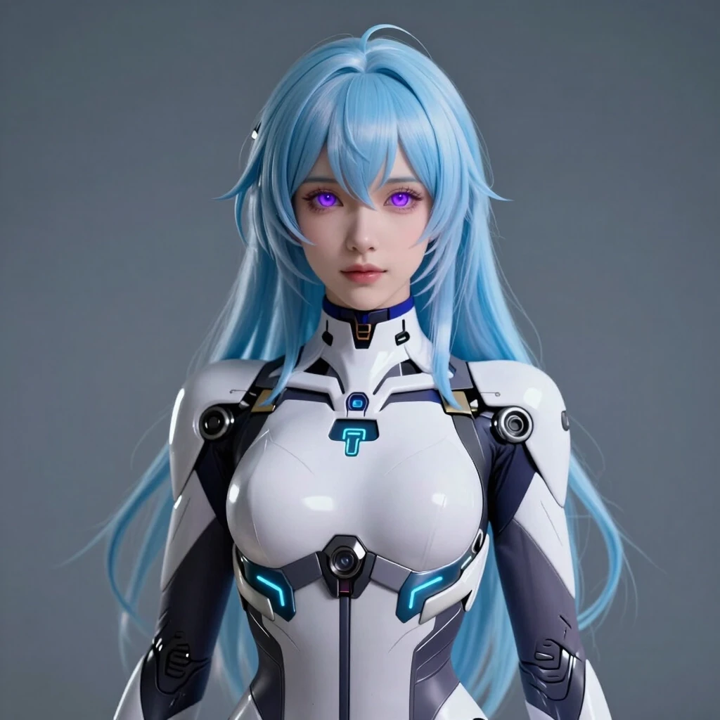 Cyberpunk smartphone wallpaper, 8k resolution. A beautiful female android with long pastel blue hair and violet eyes. Serene and elegant expression. She is wearing a high-tech…