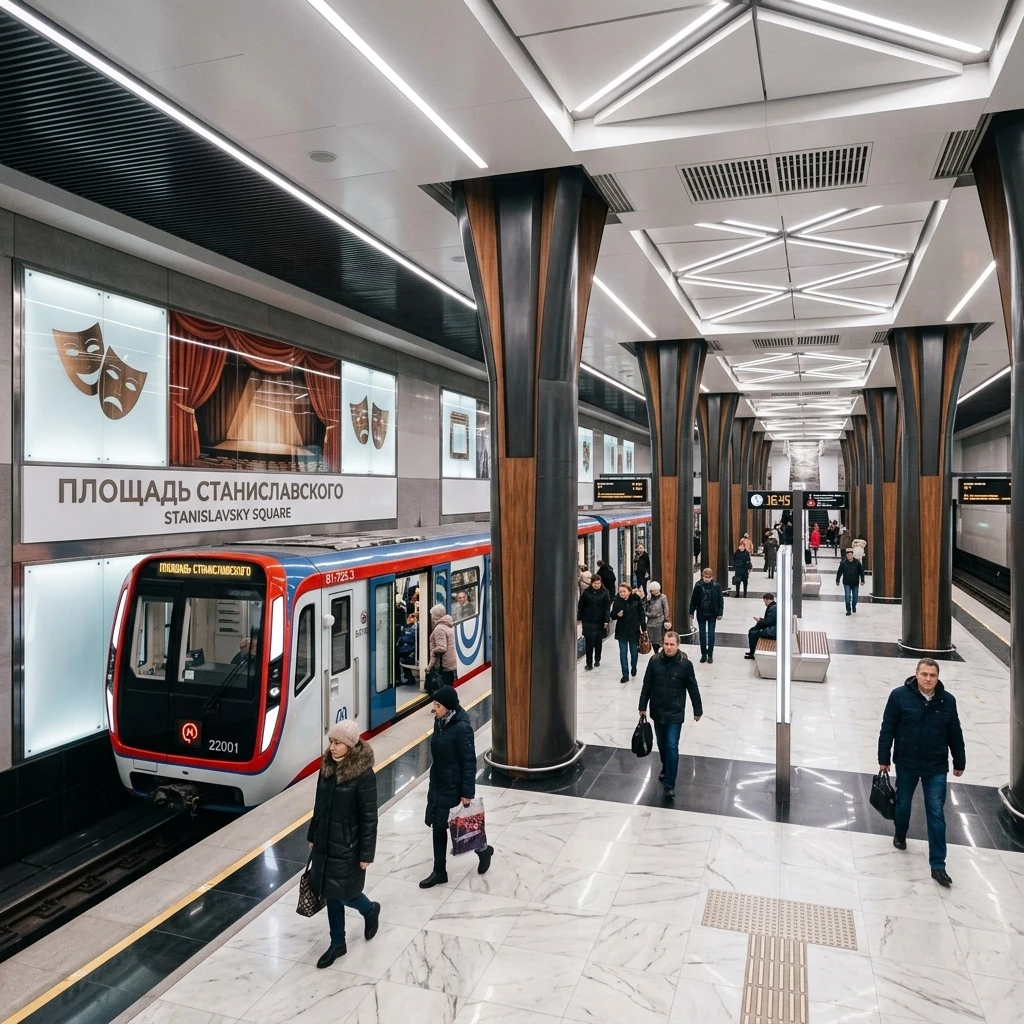 Сделай современный и красивый проект для станции метро площадь Станиславского в новосибирске, которая должна быть калонной и с островной платформой. На одном из путей стоит…
