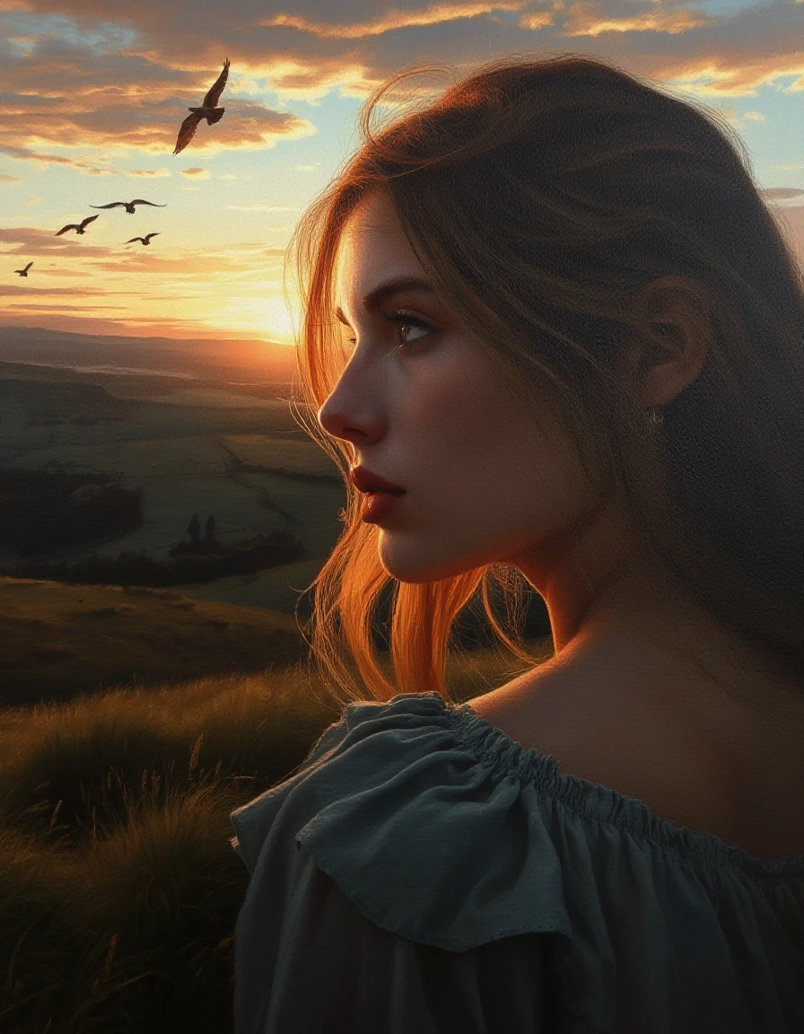 A masterpiece. Oil painting. A landscape at sunset. In the distance, you can see a line of birds flying away. A beautiful woman is shown in close‑up, looking at them in profile.…