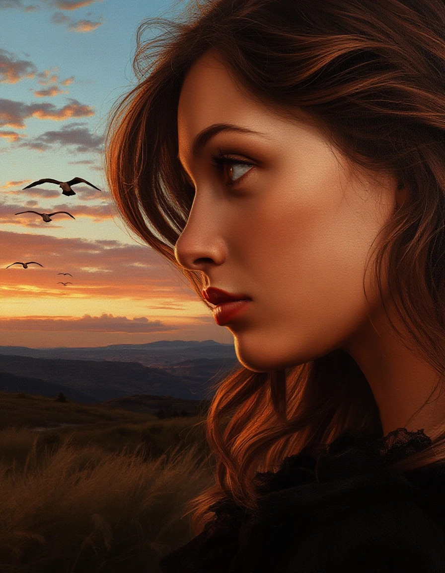 A masterpiece. Oil painting. A landscape at sunset. In the distance, you can see a line of birds flying away. A beautiful woman is shown in close‑up, looking at them in profile.…