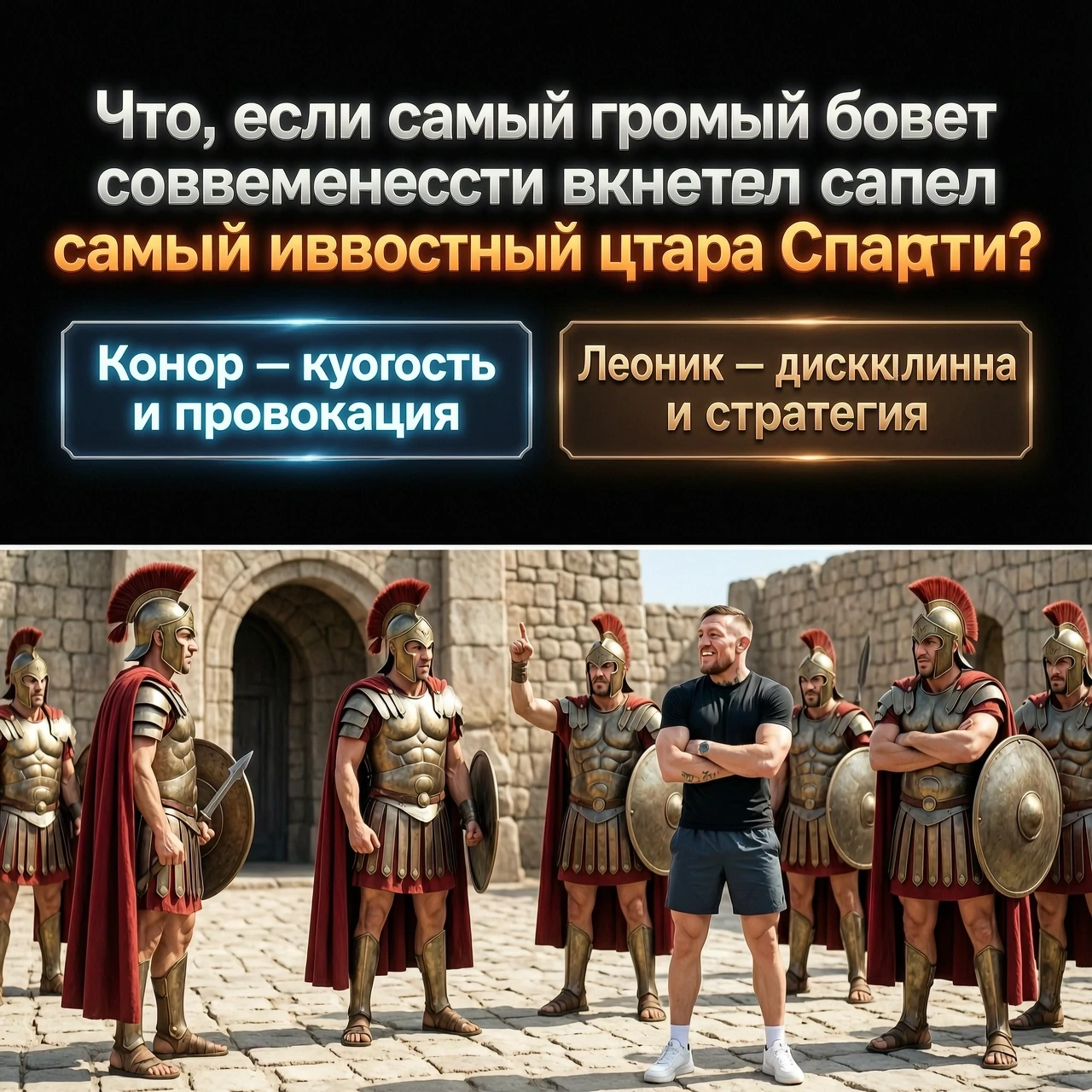 ## Подход к сценарию Это **полностью вымышленный комедийно-приключенческий кроссовер**: реальный Конор Макгрегор встречается с историческим царём Леонидом в фантастической…