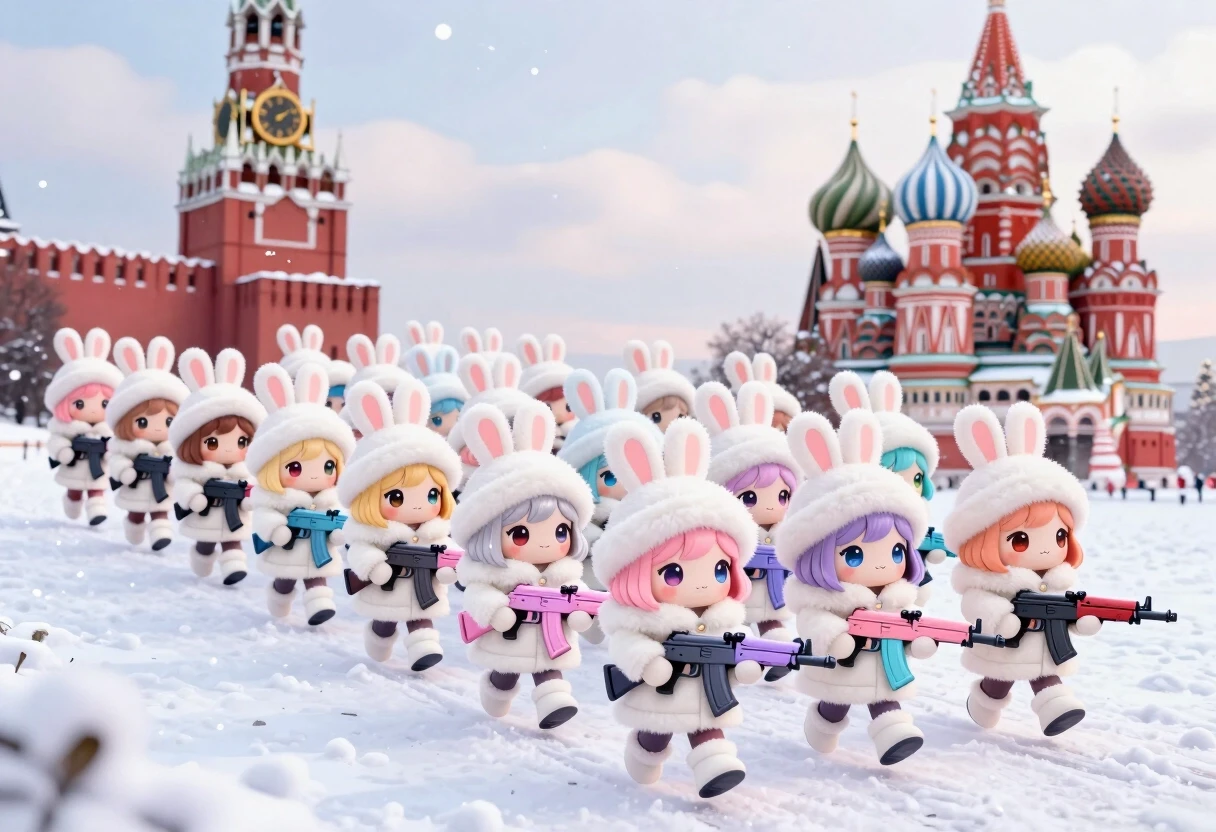 Cute kawaii chibi-style anthropomorphic bunny girls marching in dense multiple parallel rows on snowy Red Square in Moscow. Many ranks of adorable chibi rabbit girls with big…