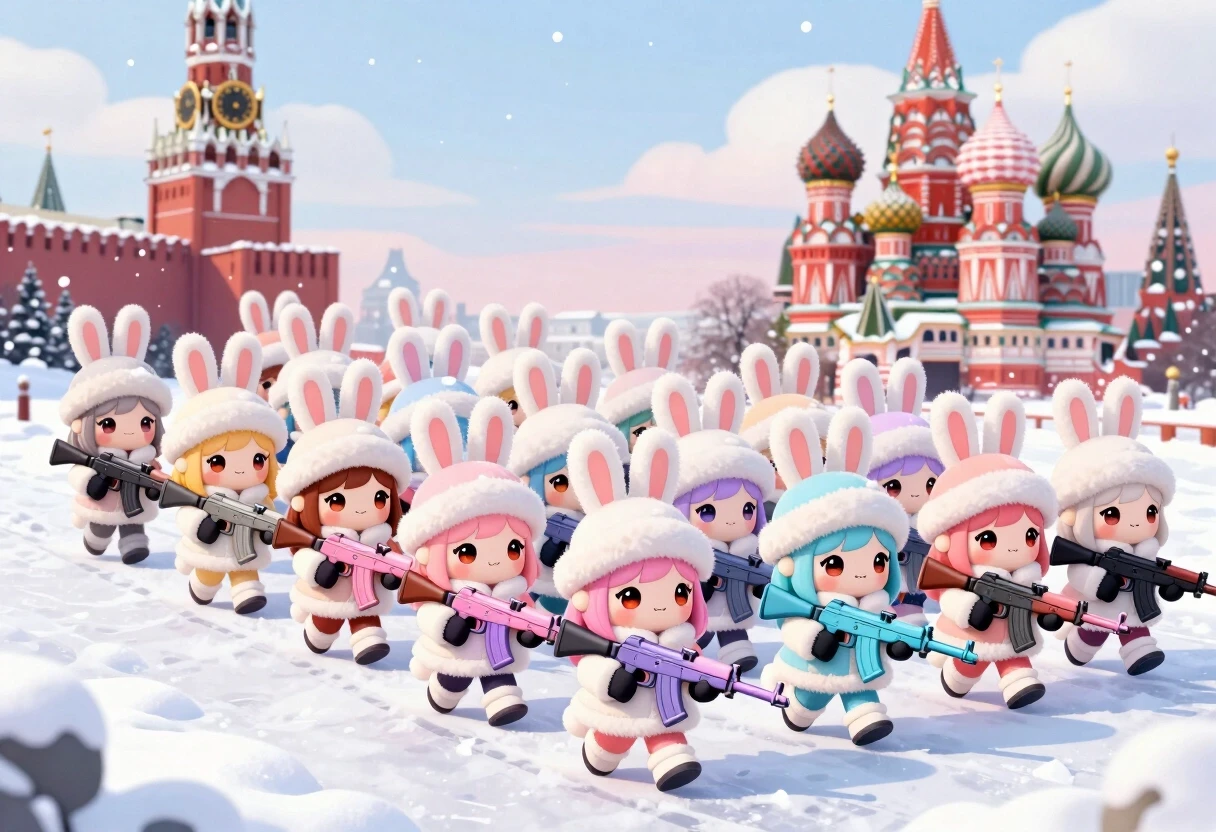 Cute kawaii chibi-style anthropomorphic bunny girls marching in dense multiple parallel rows on snowy Red Square in Moscow. Many ranks of adorable chibi rabbit girls with big…