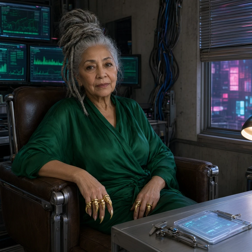 old Spanish woman, gray hair in a bun with dreadlocks, brown eyes, silk clothes, gold claw rings, sitting in an armchair, with a cyberpunk office in the background — работа…