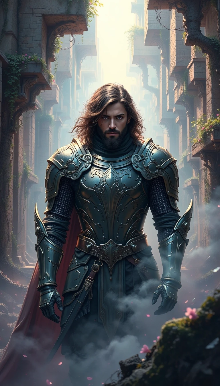 A fantasy digital illustration of a man knight in ornate armor, set in a dreamy ethereal labyrinth. — работа пользователя Быстрая Струна