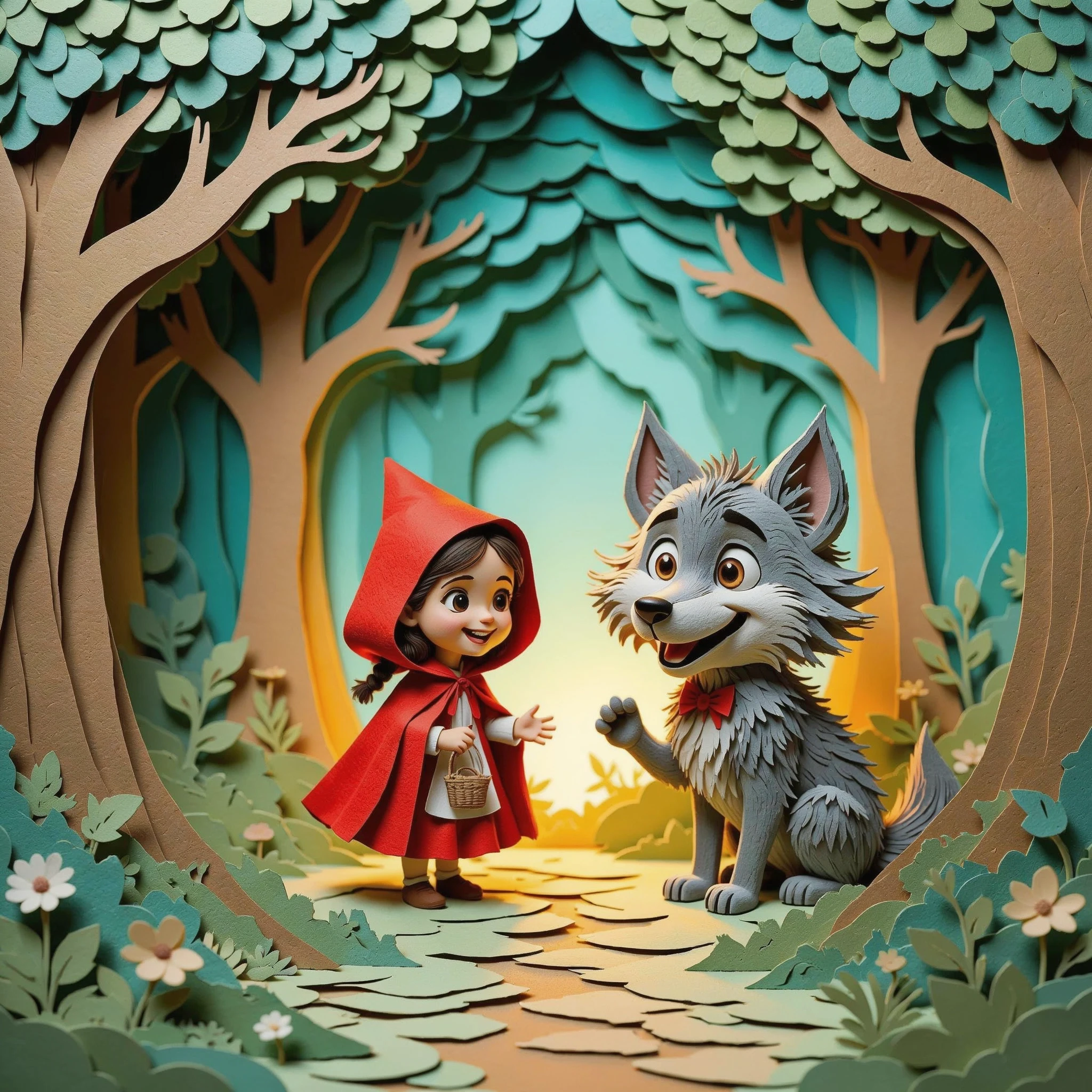 3D multi-layered papercut art of a friendly encounter between Little Red Riding Hood and a cute wolf, fairy tale style, crafted from various contrasting paper textures, heavy…