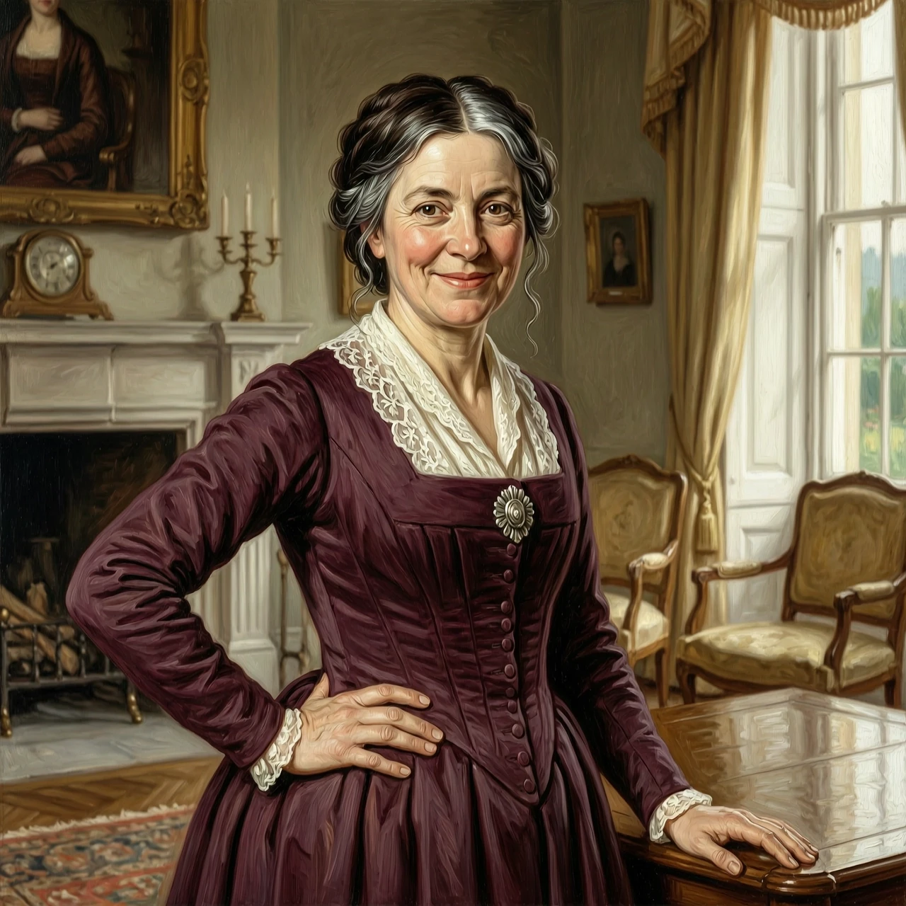 Half-body portrait of a woman, 42–45 years old, England, 19th century, Regency era. Lively, energetic, warm — not old, not a grandmother, a woman in her prime. Simple, natural…