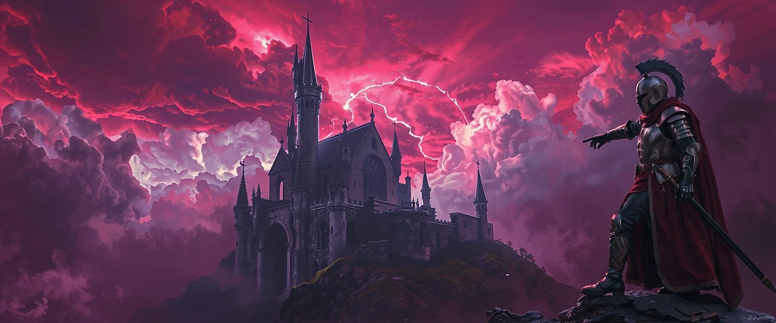 Dark fantasy gaming YouTube banner background, gothic ruined castle under a stormy blood-red and purple sky, mystical glowing fog, epic mood, detailed silhouette of a knight in…
