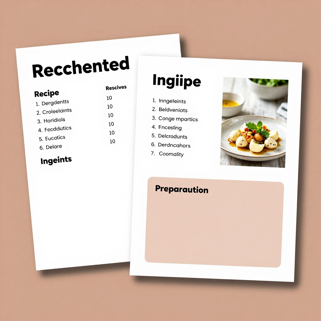 Create a recipe sheet design in an elegant, but modern, maybe rustic-boho style for a recipe book (two versions of the recipe sheet). A5 format. The recipe sheet should have 3…
