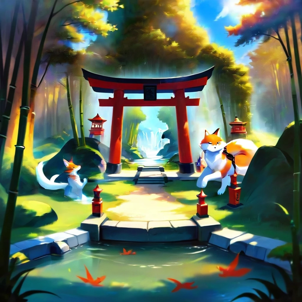 a Japanese shrine dedicated to kitsune, bamboo groves and small lakes along the sides, sunny weather. — работа пользователя Безудержный Свет