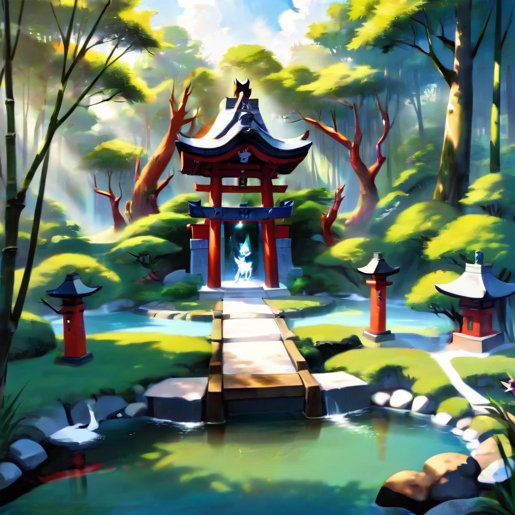a Japanese shrine dedicated to kitsune, bamboo groves and small lakes along the sides, sunny weather. — работа пользователя Безудержный Свет