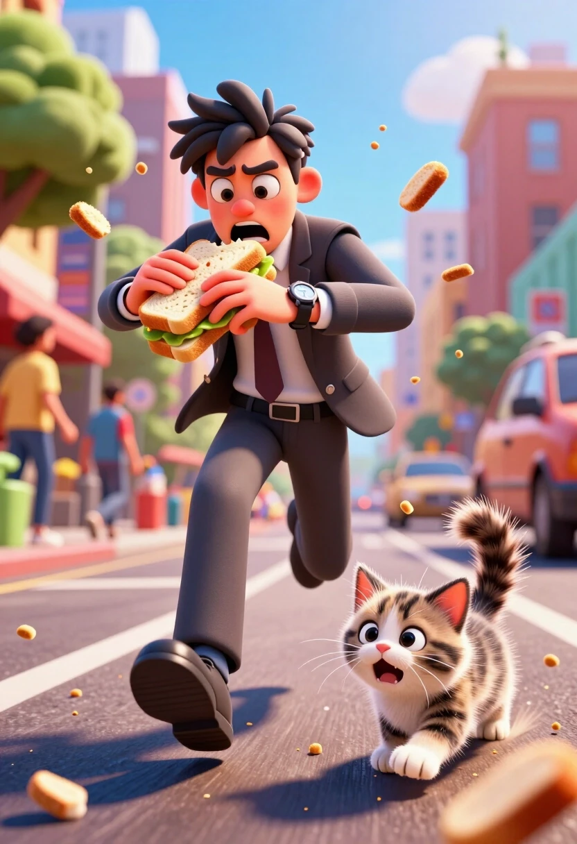 A dynamic, hyper-stylized 8k 3D render. A young professional is sprinting down a sunny city street, eyes wide with panic, looking at a wristwatch while aggressively eating a…