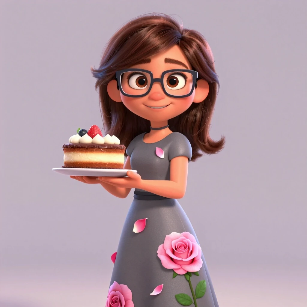 красивая pixar девушка с корочневого цвета волосами до плеч, с карие глаза, в очках, одета v long dress серого цвета, на dress printer цветы розы розового цвета с лепестками ,…