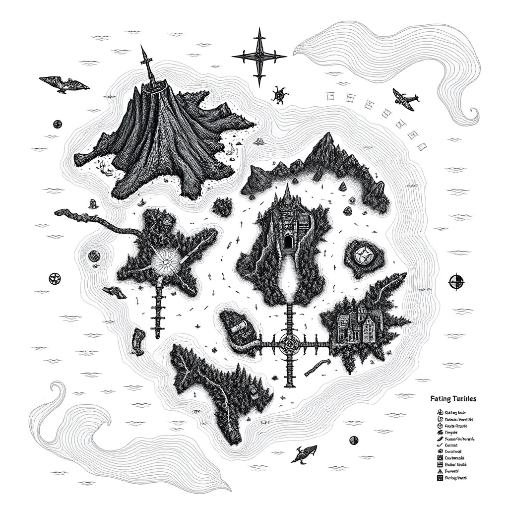2D top-down authentic gritty dark fantasy nautical map, high-detail medieval woodcut style, inspired by Tainted Grail: Fall of Avalon. Pure white background with sharp,…