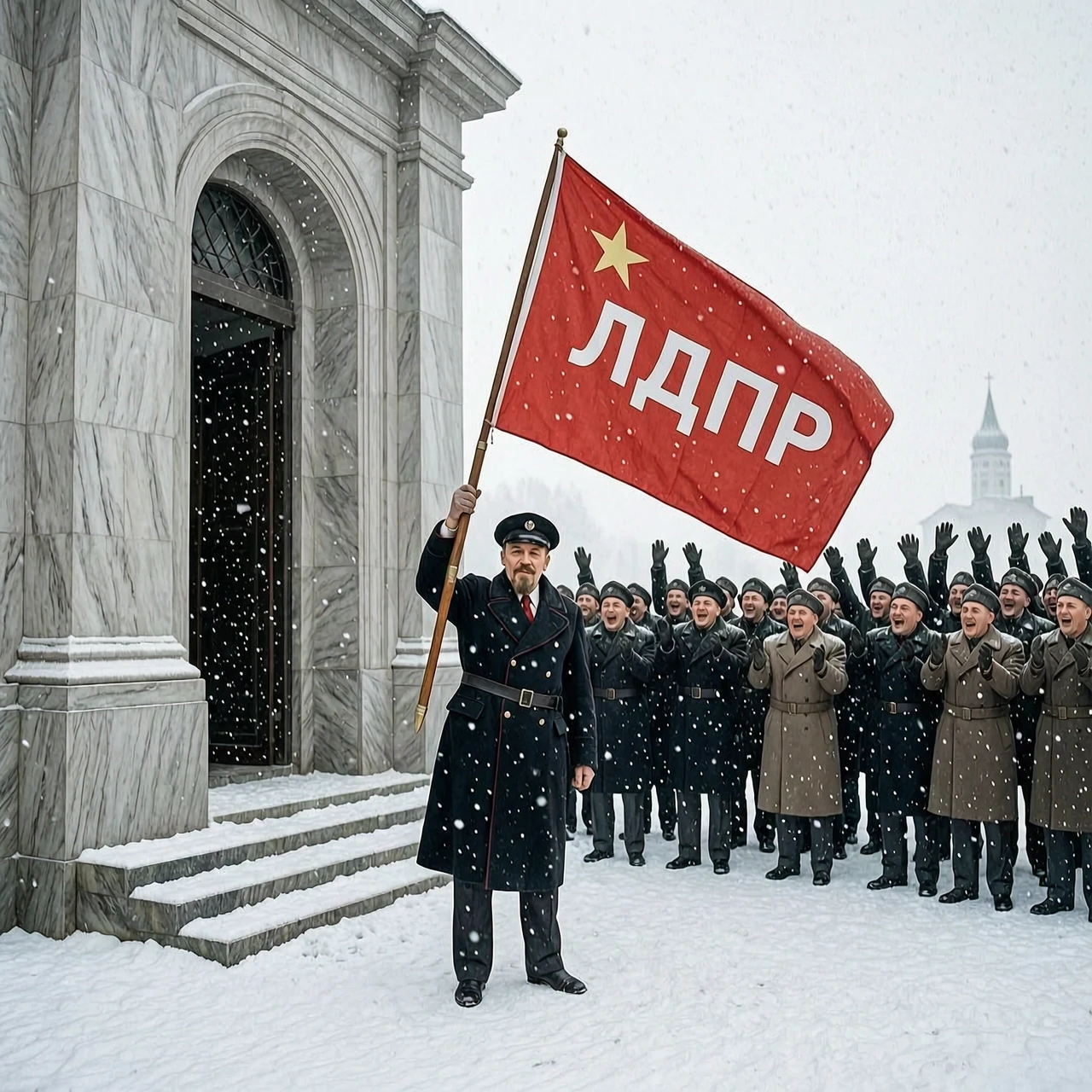 Владимир Ленин у входа в мавзолей разрывает флаг ЛДПР. Толпа ликует! Снегопад. — работа пользователя Необыкновенная Энергия