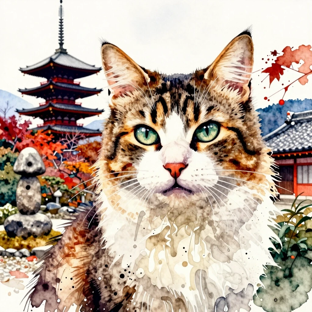 A masterpiece. The painting is done in watercolors. (Double exposure:1.8). (Portrait of a fabulously beautiful cat:1.8). In the background, there are views of Japan at that…