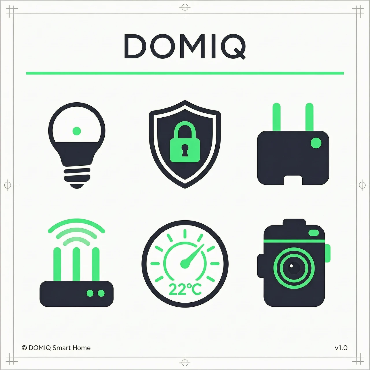 Set of 6 minimalist vector icons for smart home brand DOMIQ: light bulb, security shield, smart plug, Wi-Fi router, thermostat, camera. Flat 2D style, colors dark blue #262833…