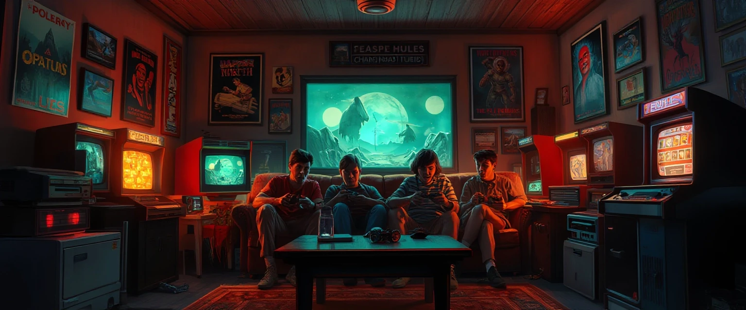 A cozy and vibrant wide illustration of a group of friends gaming together on a couch, surrounded by retro consoles, arcade machines, posters, and glowing monitors. Warm ambient…