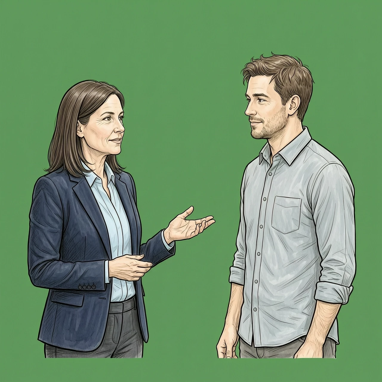 ```text Two recurring office characters for an educational corporate video. CHARACTER 1 — FEMALE MANAGER: A 43-year-old woman with realistic ordinary appearance, intelligent…