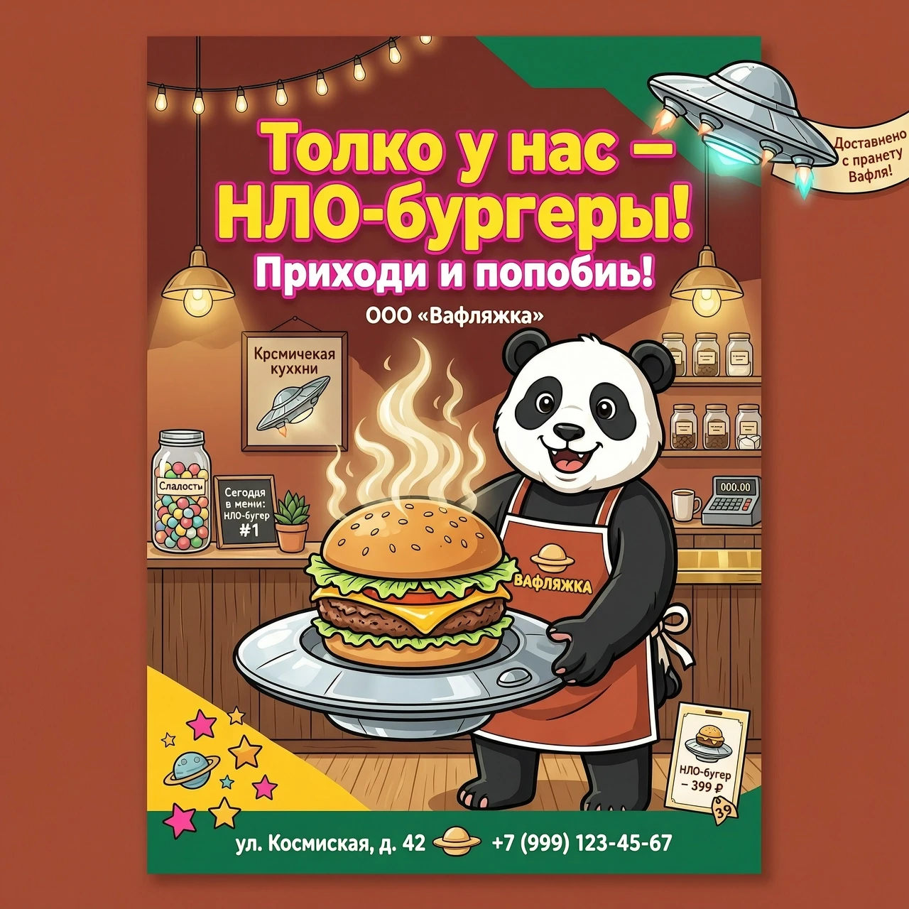 Нарисуй яркую афишу для кафе ООО «Вафляжка» в стиле рекламного постера. В центре — дружелюбная панда в стильном фартуке с логотипом кафе, она радостно протягивает вперёд…