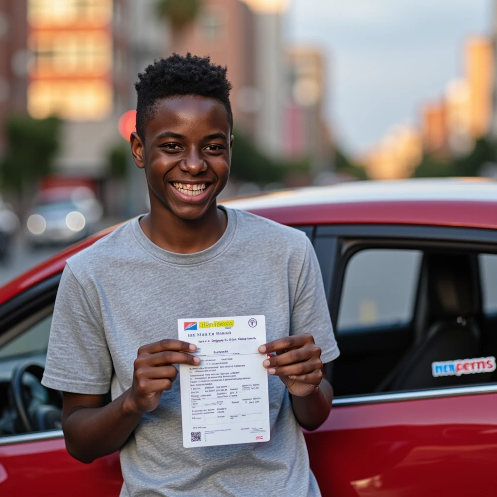 A smiling young person holding a driver's license in their hand, standing next to a red car with a small "Главная дорога" logo visible on the door. The background…
