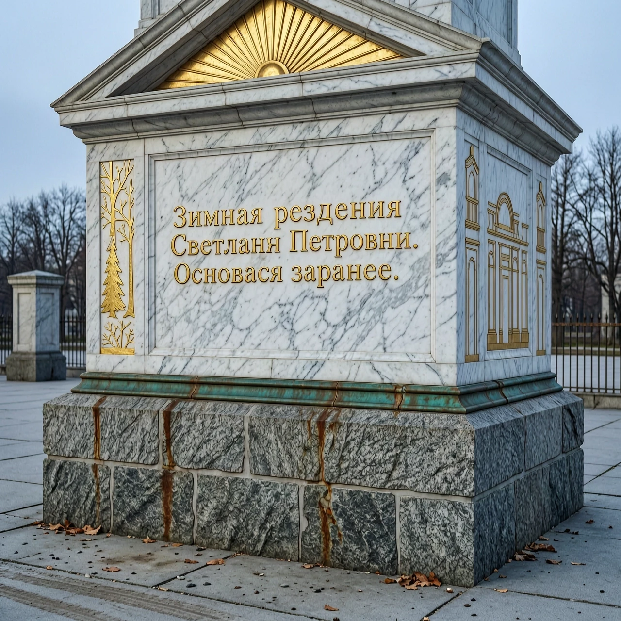 монумент из гранита и мрамора с золотой надписью: "Зимняя резиденция Светланы Петровны. Основана заранее." — работа пользователя Бесконечный Фьорд