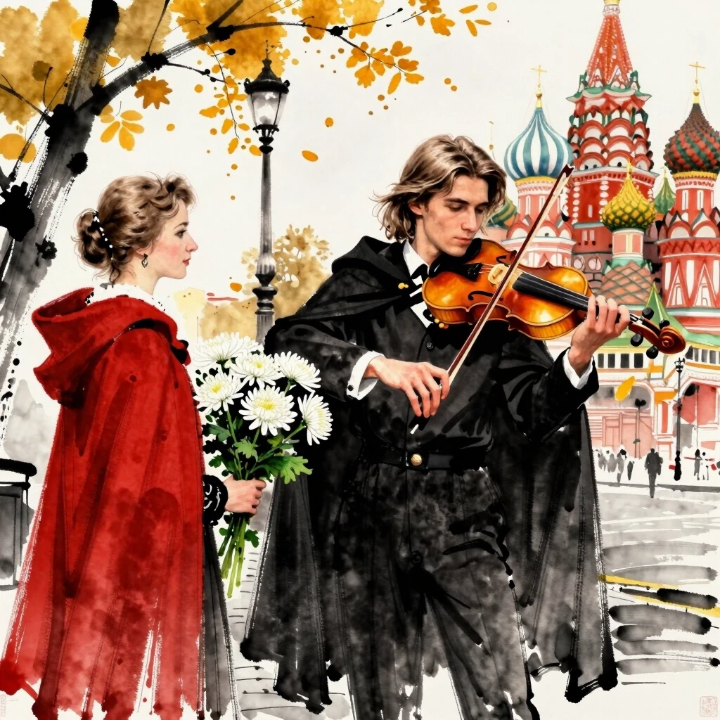 Картина тушью. Август в Москве. На Арбате играет молодой красивый мужчина скрипач с длинными волосами в чёрном плаще. На него смотрит и слушает песню утончённая красивая женщина…
