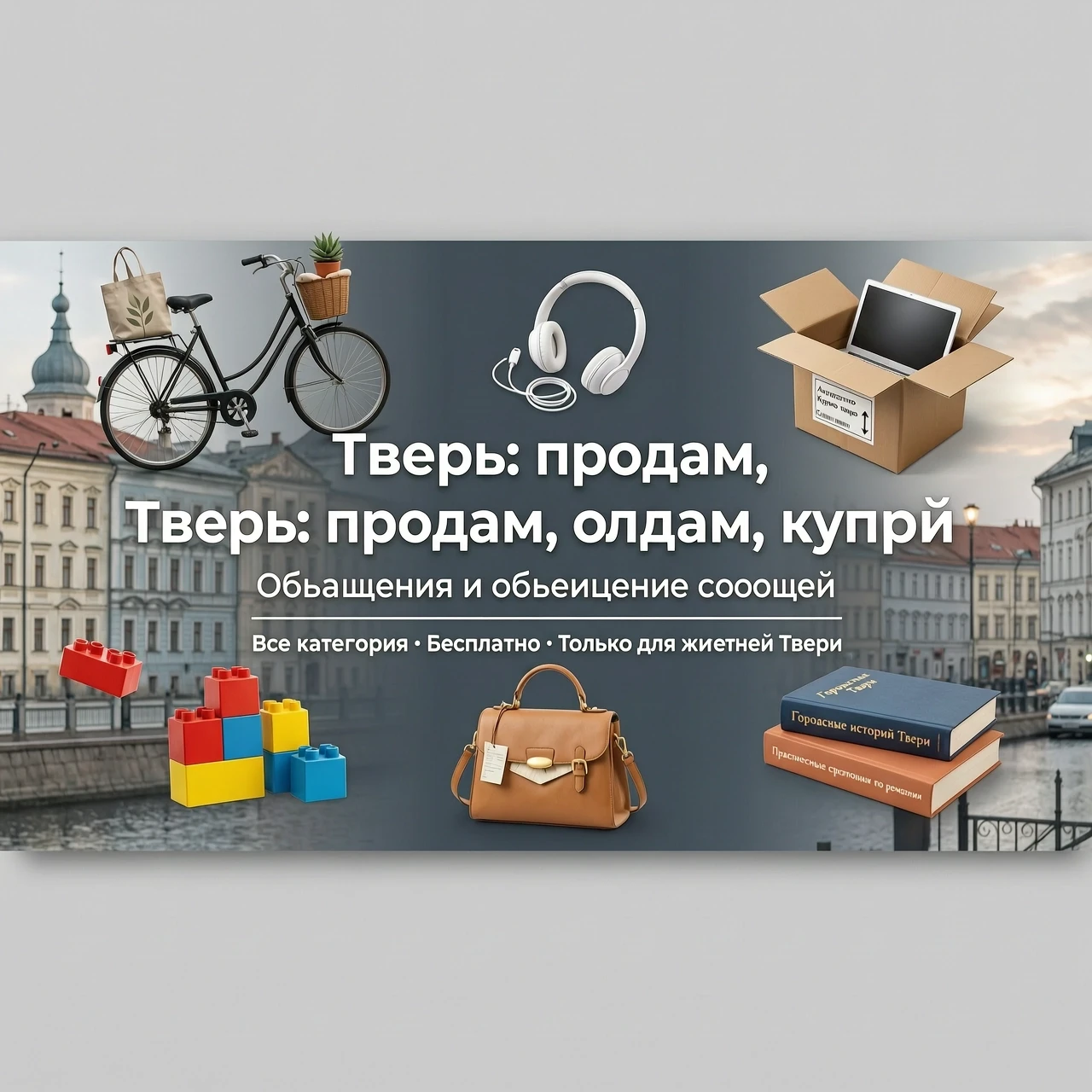 Обложка 1920×748 px для сообщества ВК. Фон — размытый городской пейзаж Твери (вид с набережной или улицы с исторической застройкой). На переднем плане полупрозрачный тёмный…