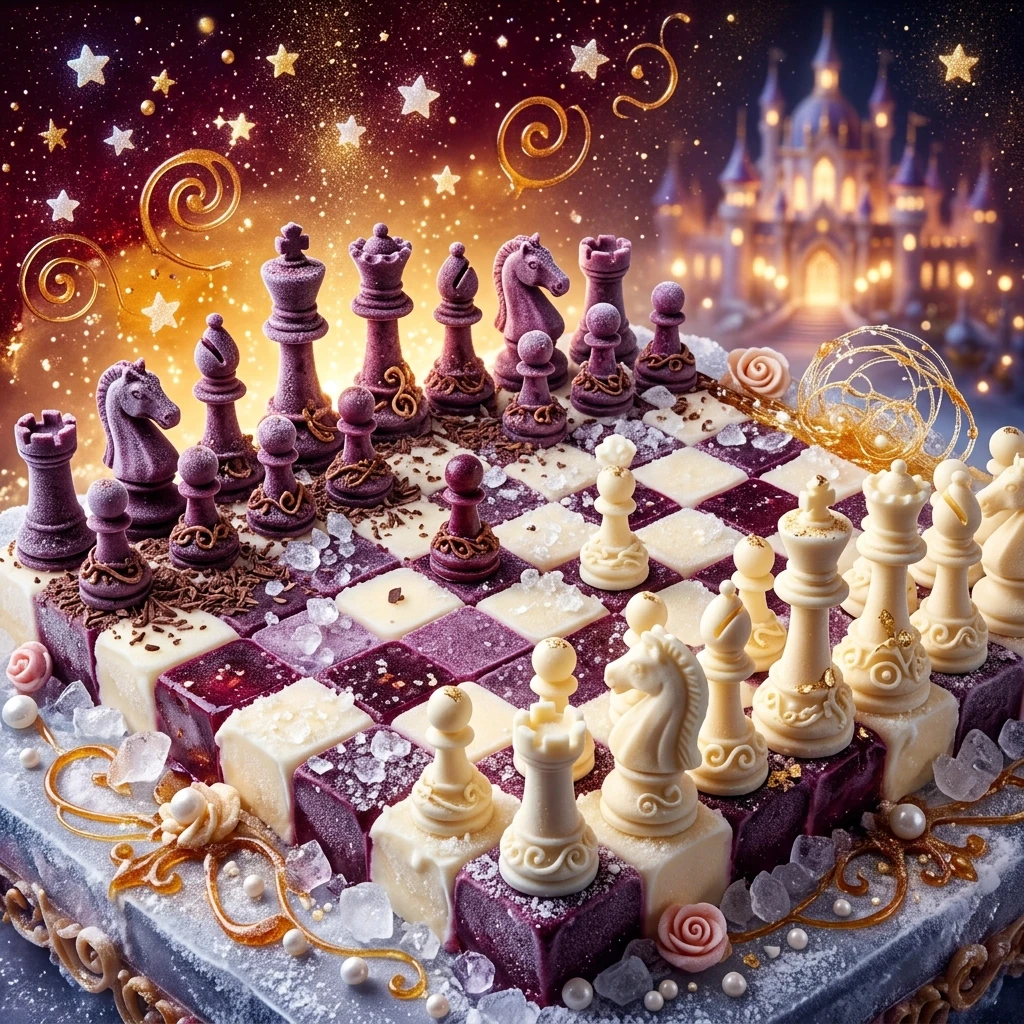 ((Background): currant jelly with stars of candy caramel. (Background colors):dark bordeaux, golden caramel. ((Foreground):(ice cream cake in the shape of a chessboard and chess…