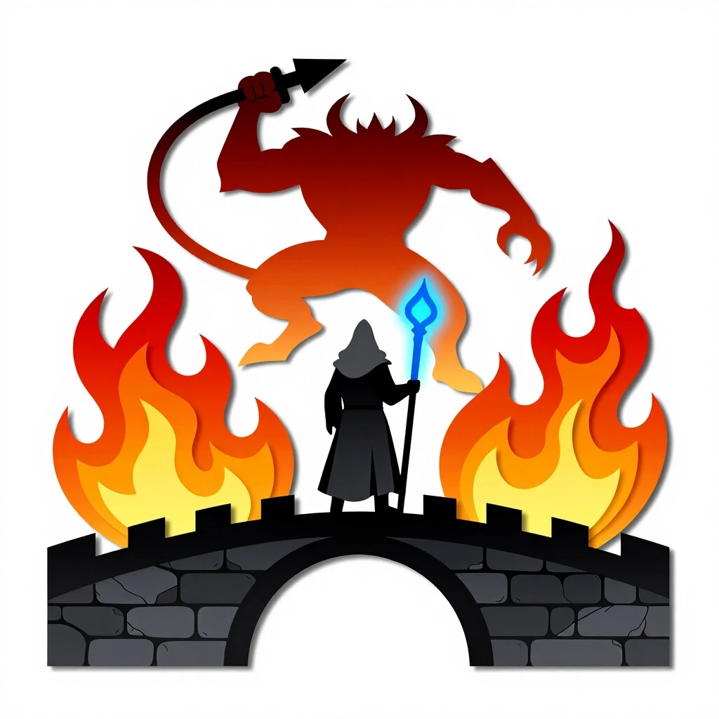 Lord of the Rings scene, Gandalf the Grey standing on Khazad-dum bridge with his back to the viewer, glowing blue staff, fiery Balrog with sword and whip in front, view from…