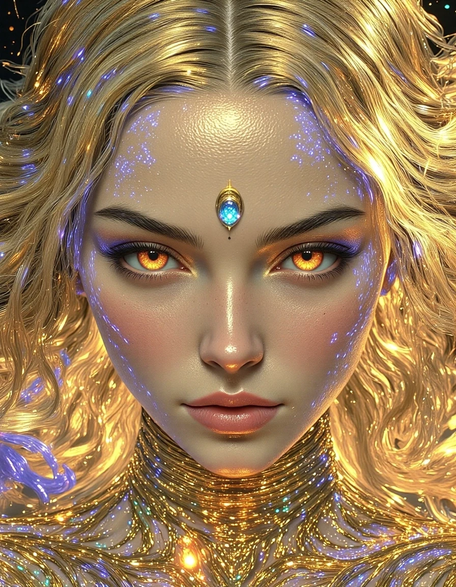 The structure of a digital image of a very beautiful alien woman at 3/4 of her height. The portrait consists of the thinnest horizontal wavy lines and strokes, which are…