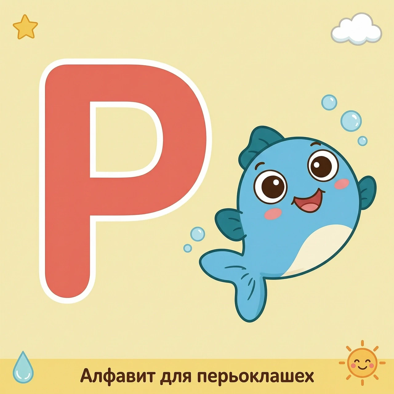 Мультяшная обучающая карточка формата А4 для первоклассников. Слева — крупная заглавная буква „р“ простым толстым шрифтом без засечек, высота буквы около 15 см. Справа —…