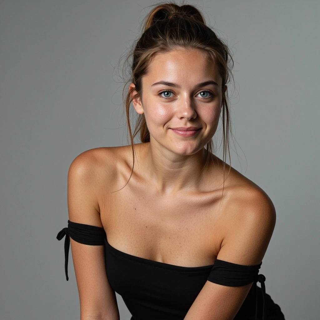 Молодая женщина (примерно 25–28 лет), стройная, светлая кожа, длинные волосы собраны на затылке, голубые/серые глаза, нейтральное уверенное выражение лица с лёгкой…