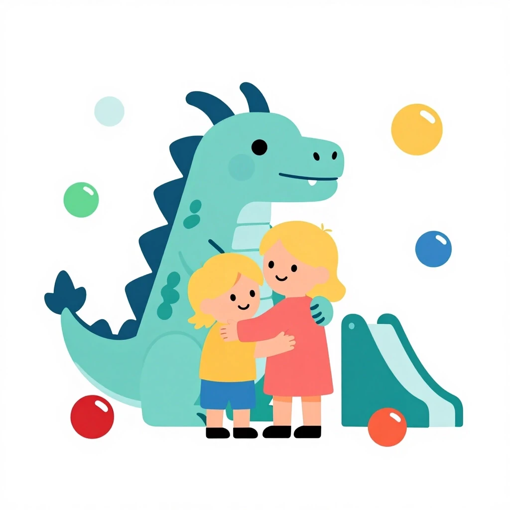 Flat vector illustration: a friendly dragon hugging Caucasian children and parents with blond hair. Around them are toy balls, skittles, and a slide. Minimalist shapes, pastel…