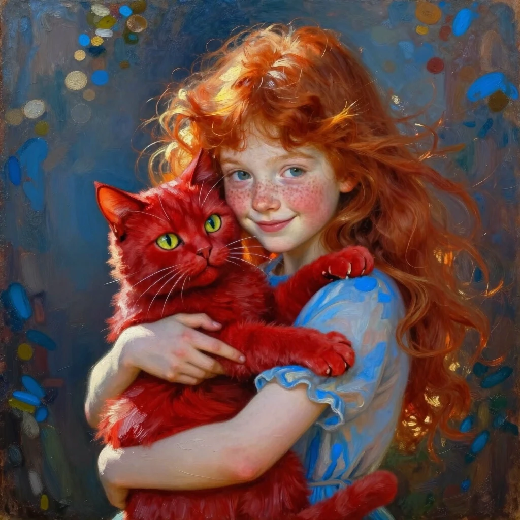 A cheerful red-haired girl holds a big red cat in her arms, hugging it. The girl has fluffy bright red hair, a freckled face, the sun's rays play in her hair, emphasizing…