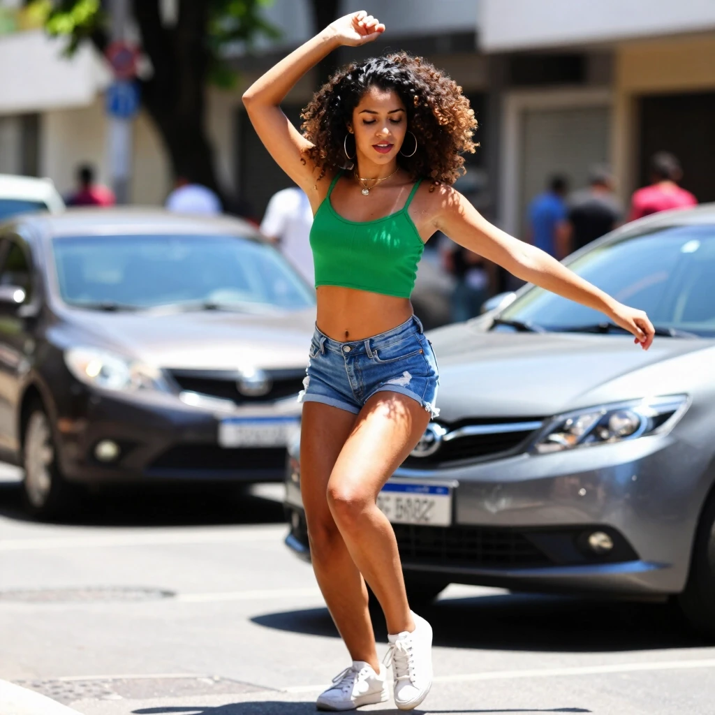Pretty brazil girl is dancing at the street. Around she expensive car. Bright and sunny. — работа пользователя Искрящаяся Лава