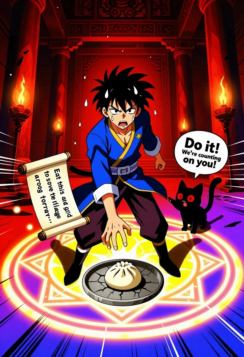 High-energy anime style, bold linework, cel shading, vivid color palette with extreme contrasts. A young, determined warrior with messy spiky hair stands in the middle of a…