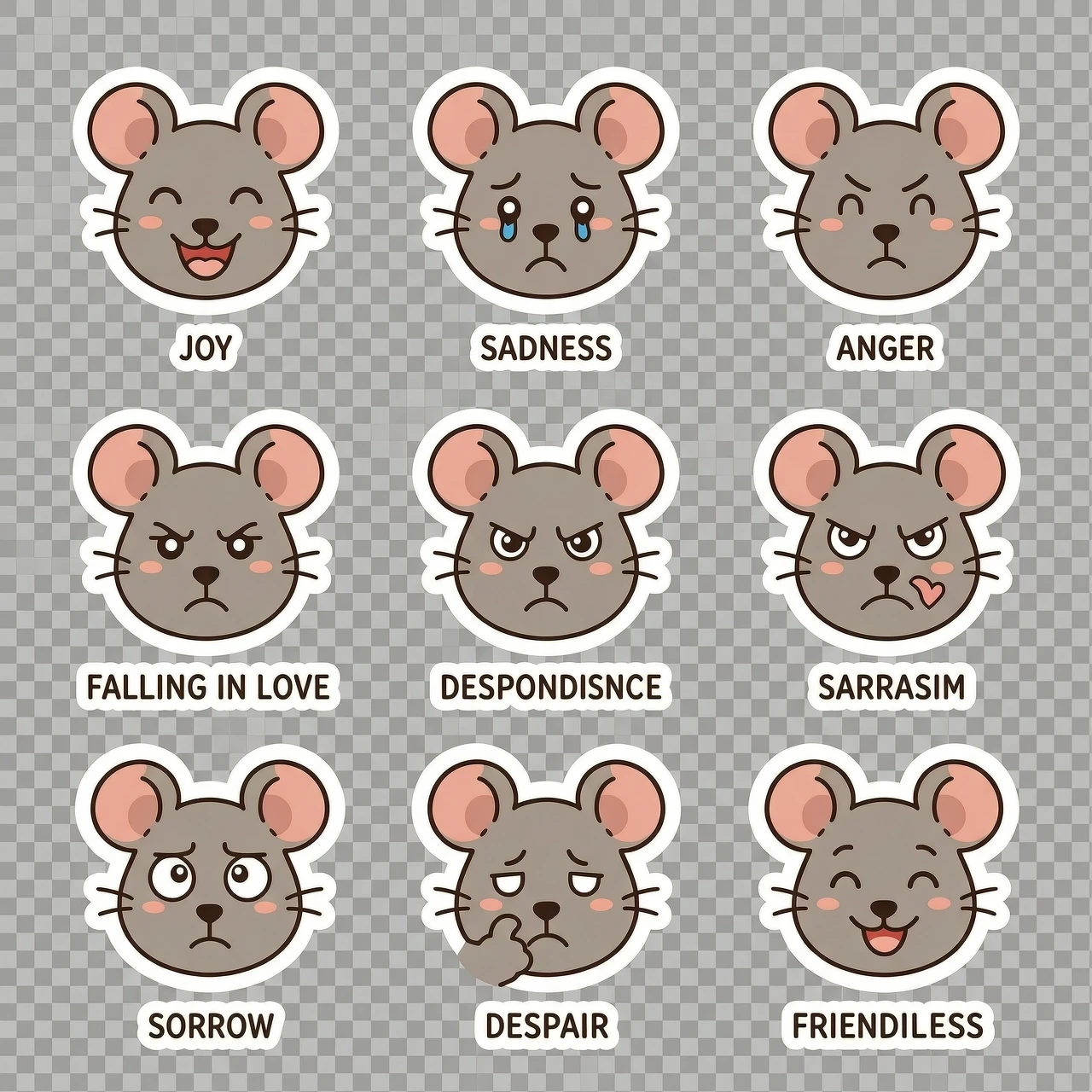 Generate a cute 2D rat with a white outline. A set of 10 minimalist vector stickers on a transparent background featuring various emotions: joy sadness anger falling in love…