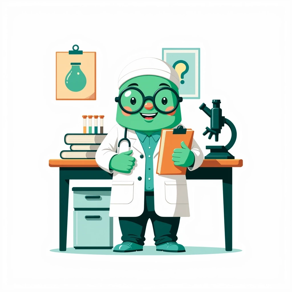 Flat vector illustration, cute green medical mascot character wearing a white doctor's coat and round glasses, standing confidently in front of a medical study desk, holding…