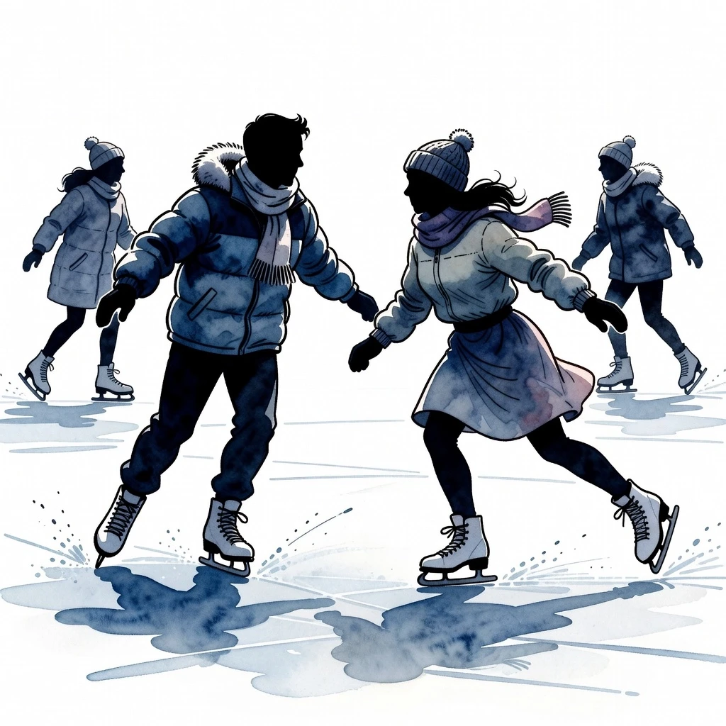 Create a watercolor urban sketch in the style of artist Cheng Chung Wei + cartoon, ladies and gentlemen in winter clothes ice skating, skating on a lake, in the style of a 1980s…