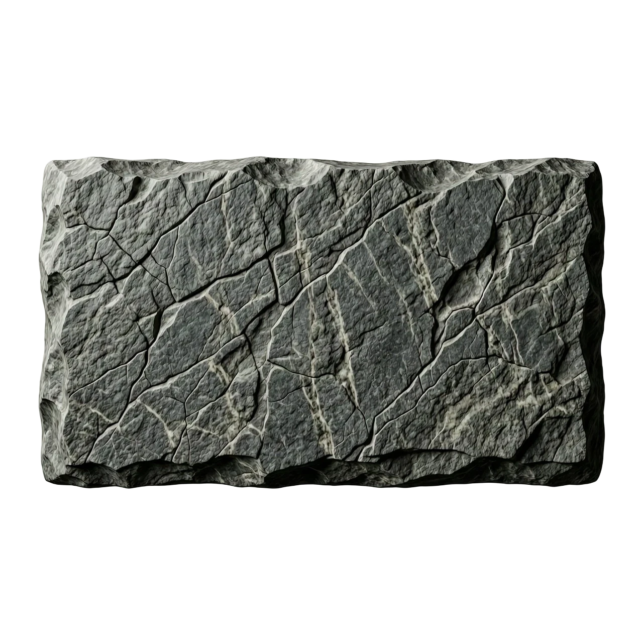A high-quality isolated asset for Photoshop: a rectangular floating slab made of textured dark grey granite stone, designed as a text background plate. The stone features…