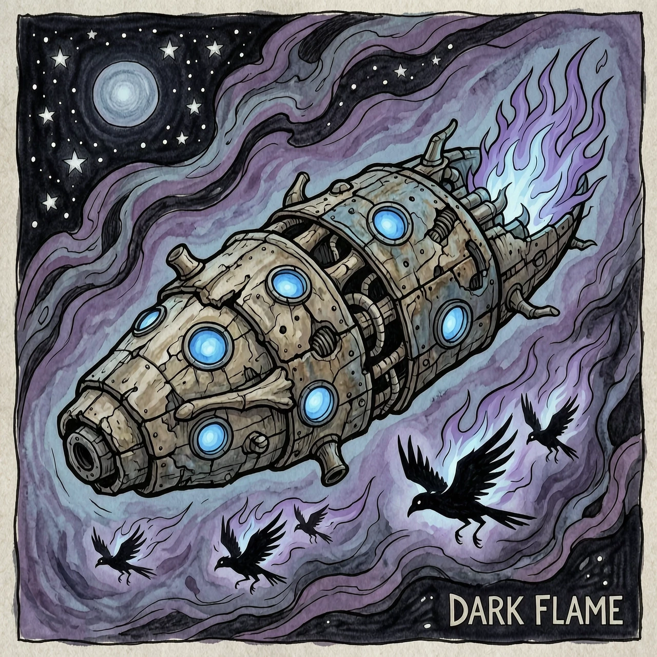 Spaceship "Dark Flame" in the dark surrealist style of Max Ernst, distorted cigar-shaped hull resembling ancient bone and weathered metal, chaotic glowing blue…